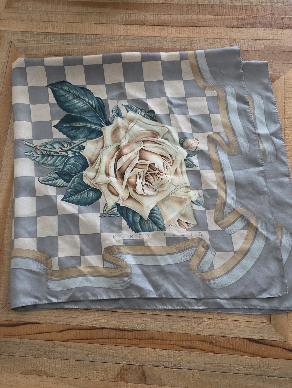 Perry Ellis Gray & Cream Rose Check Silk Square Scarf